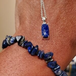 Lapis Lazuli/Blue Topaz Pendant Necklace & Stretch Bracelet In Sterling Silver
